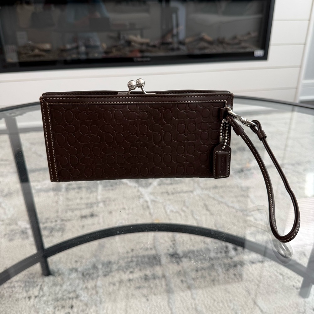 Vintage Coach Embossed Dark Brown Leather Wristlet Wallet
